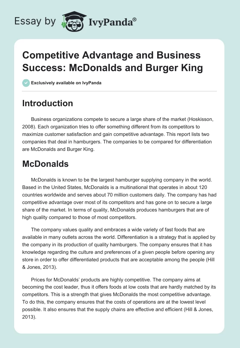 Competitive Advantage and Business Success: McDonalds and Burger King. Page 1