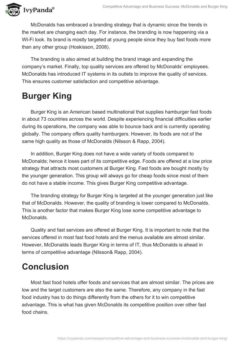 Competitive Advantage and Business Success: McDonalds and Burger King. Page 2