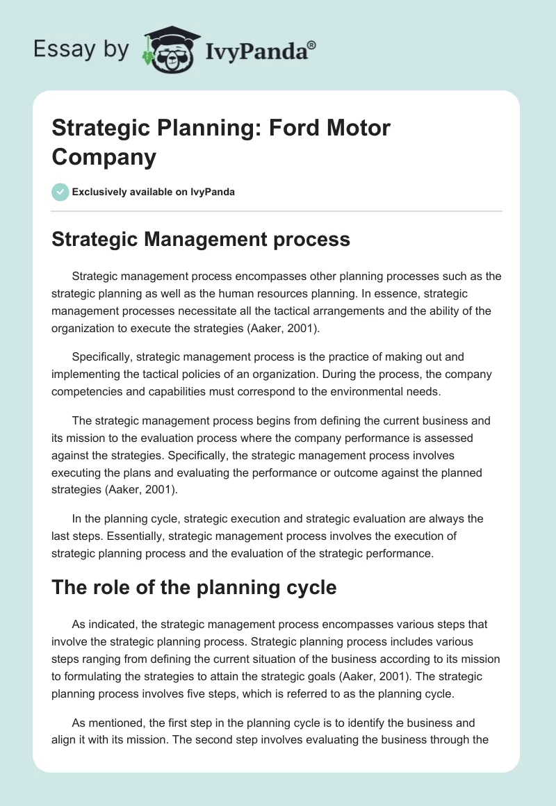Strategic Planning: Ford Motor Company. Page 1