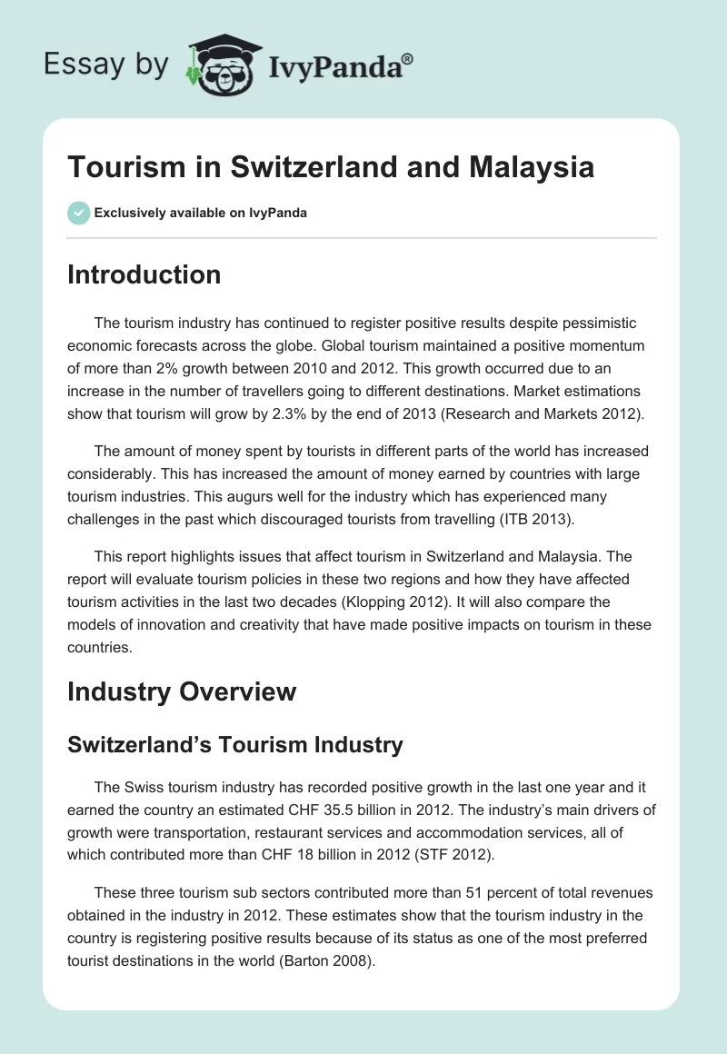 Tourism in Switzerland and Malaysia. Page 1