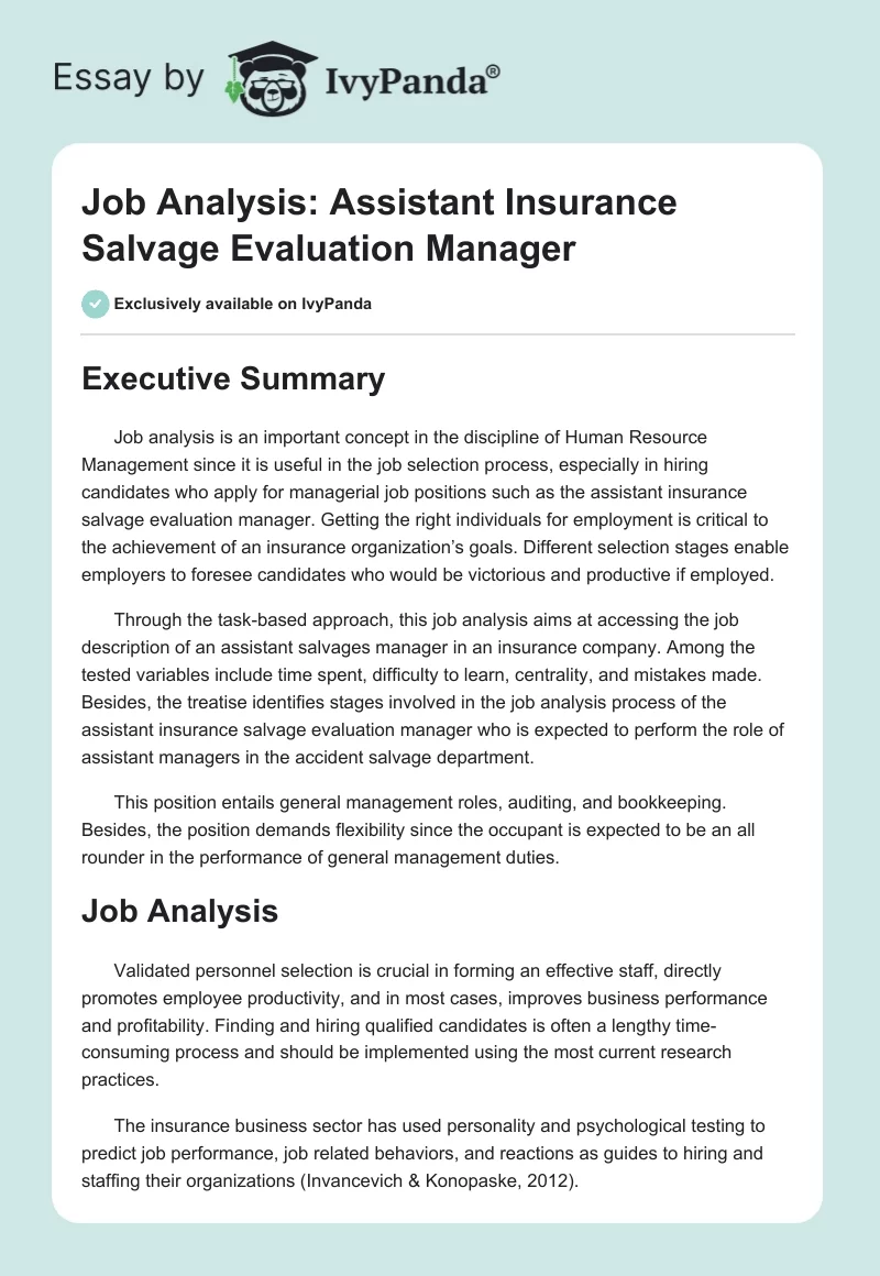 Job Analysis: Assistant Insurance Salvage Evaluation Manager. Page 1