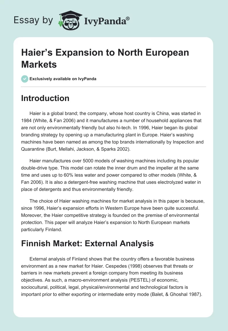 Haier’s Expansion to North European Markets. Page 1