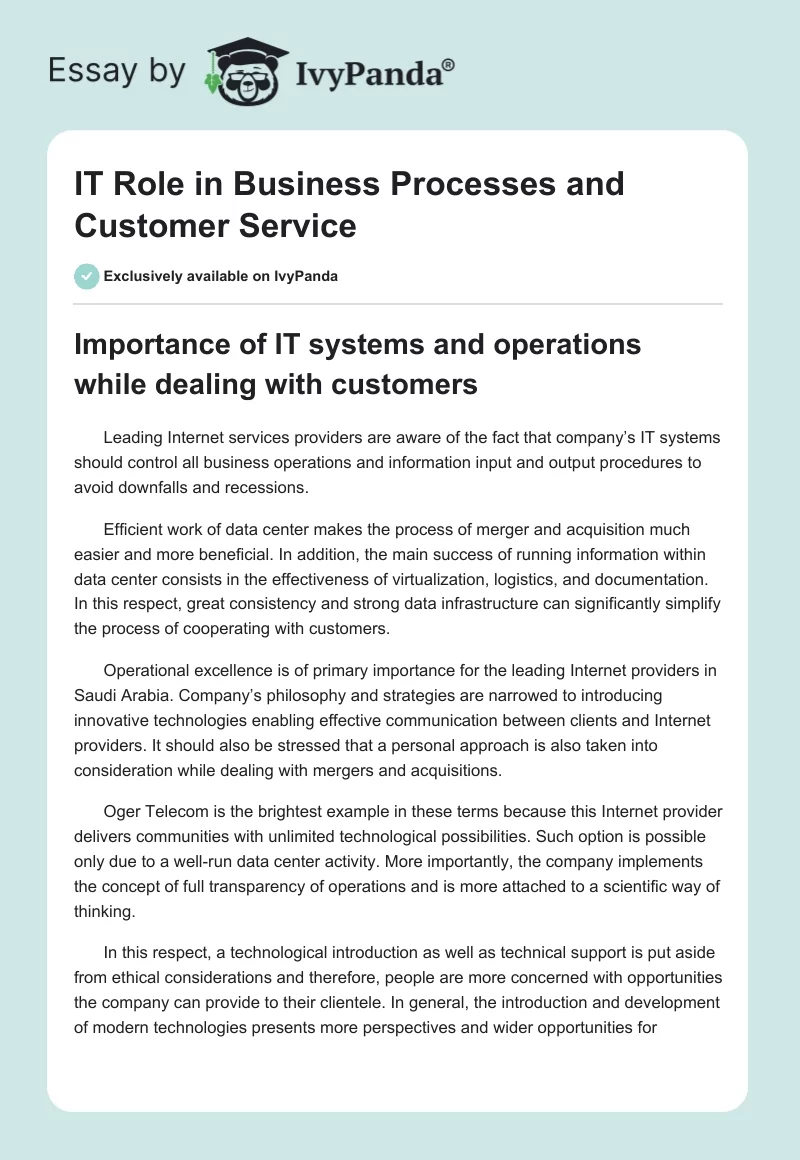 IT Role in Business Processes and Customer Service. Page 1