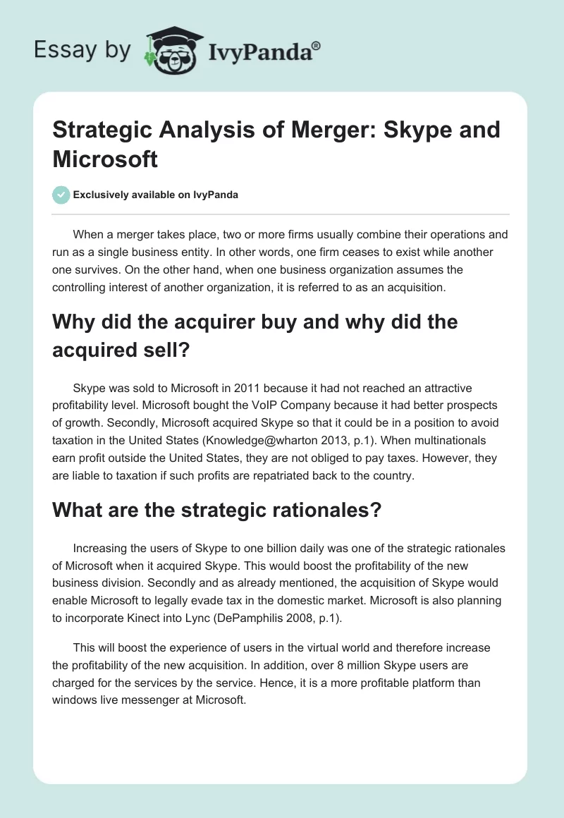 Strategic Analysis of Merger: Skype and Microsoft. Page 1