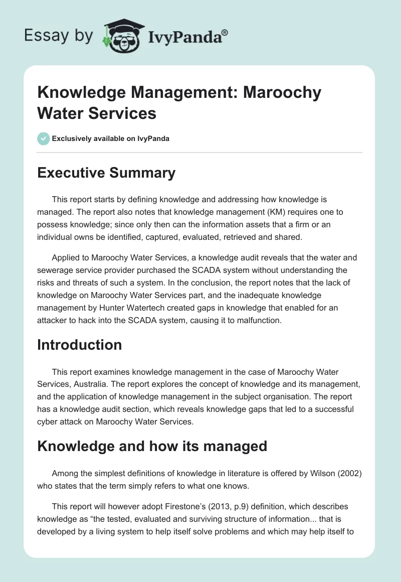 Knowledge Management: Maroochy Water Services. Page 1