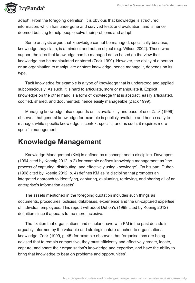 Knowledge Management: Maroochy Water Services. Page 2