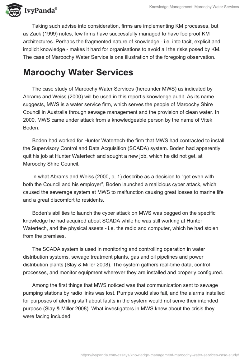 Knowledge Management: Maroochy Water Services. Page 3