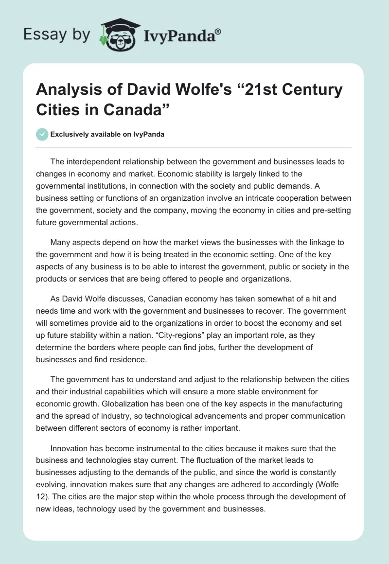 Analysis of David Wolfe's “21st Century Cities in Canada”. Page 1