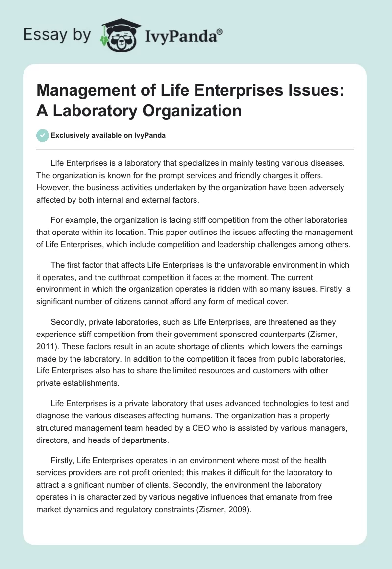 Management of Life Enterprises Issues: A Laboratory Organization. Page 1