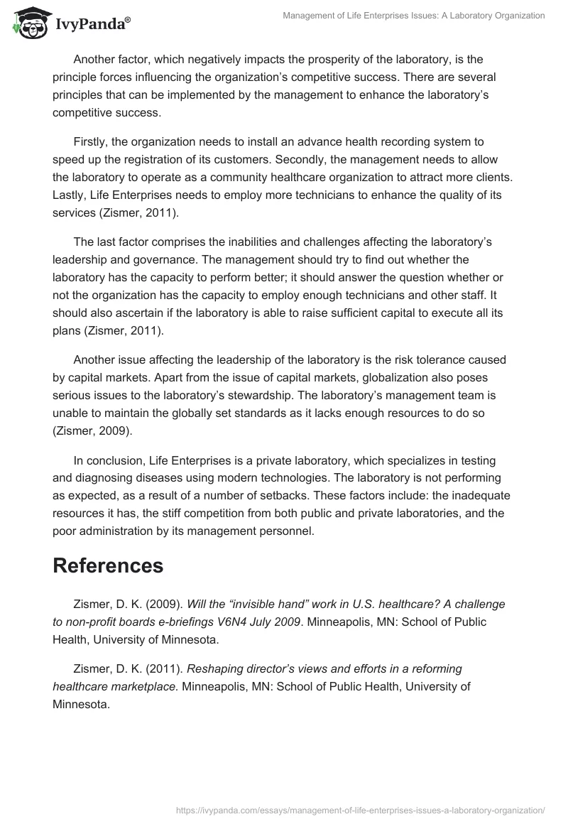 Management of Life Enterprises Issues: A Laboratory Organization. Page 2