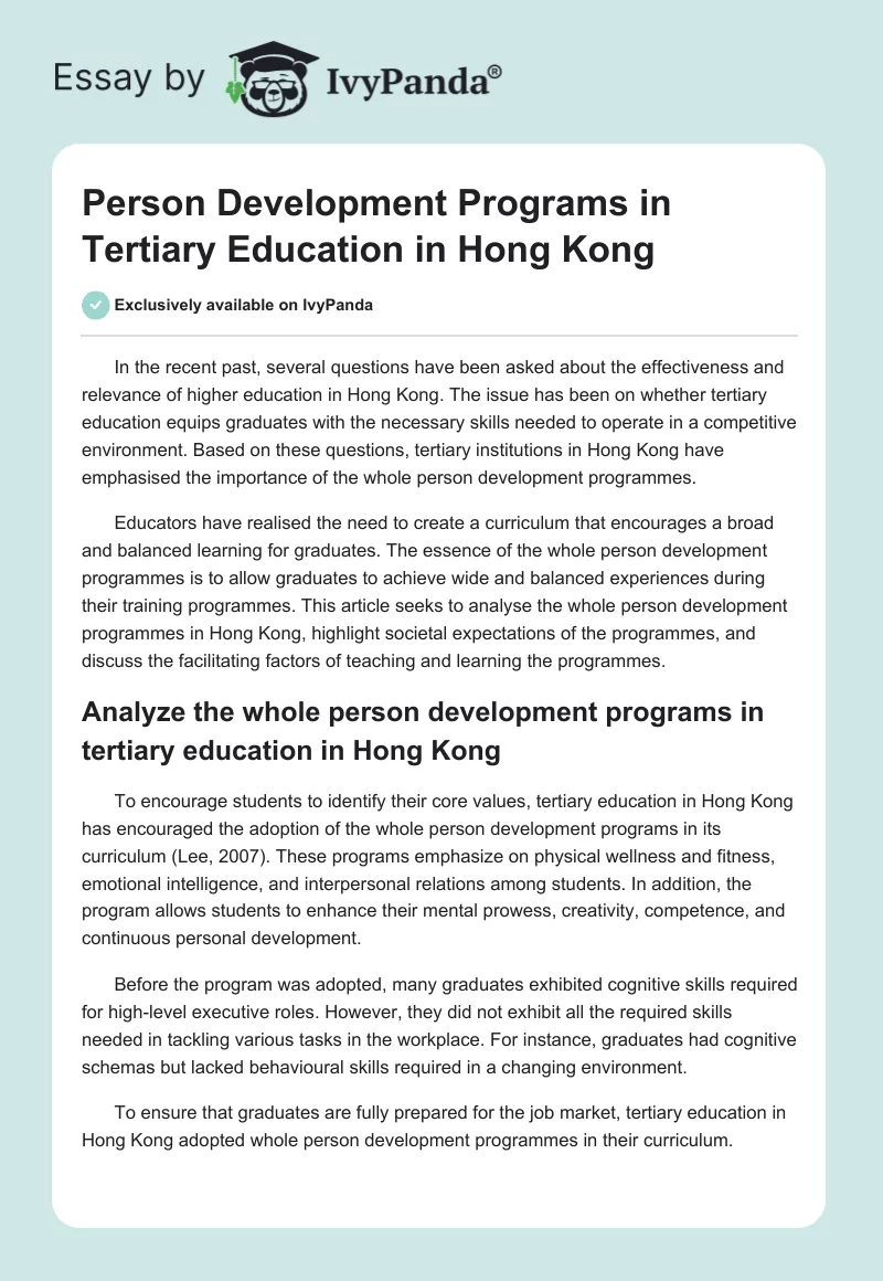 Person Development Programs in Tertiary Education in Hong Kong. Page 1