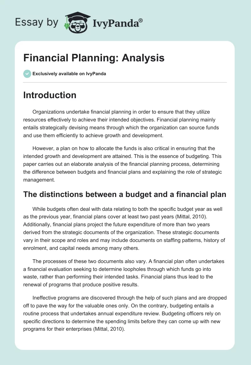 Financial Planning: Analysis. Page 1
