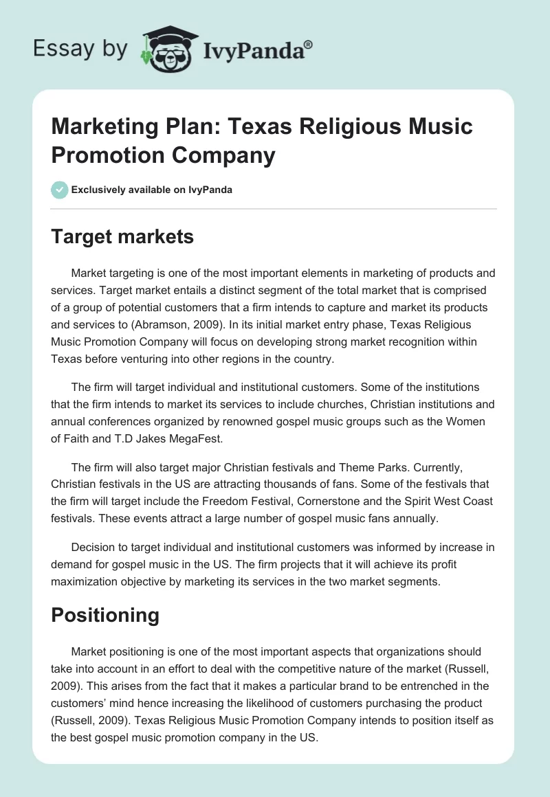 Marketing Plan: Texas Religious Music Promotion Company. Page 1