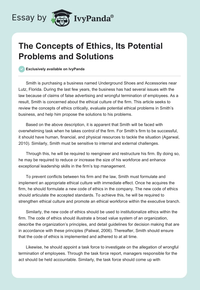 The Concepts of Ethics, Its Potential Problems and Solutions. Page 1