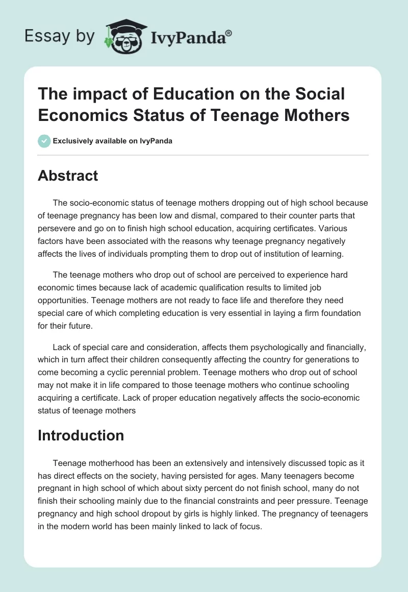 The impact of Education on the Social Economics Status of Teenage Mothers. Page 1