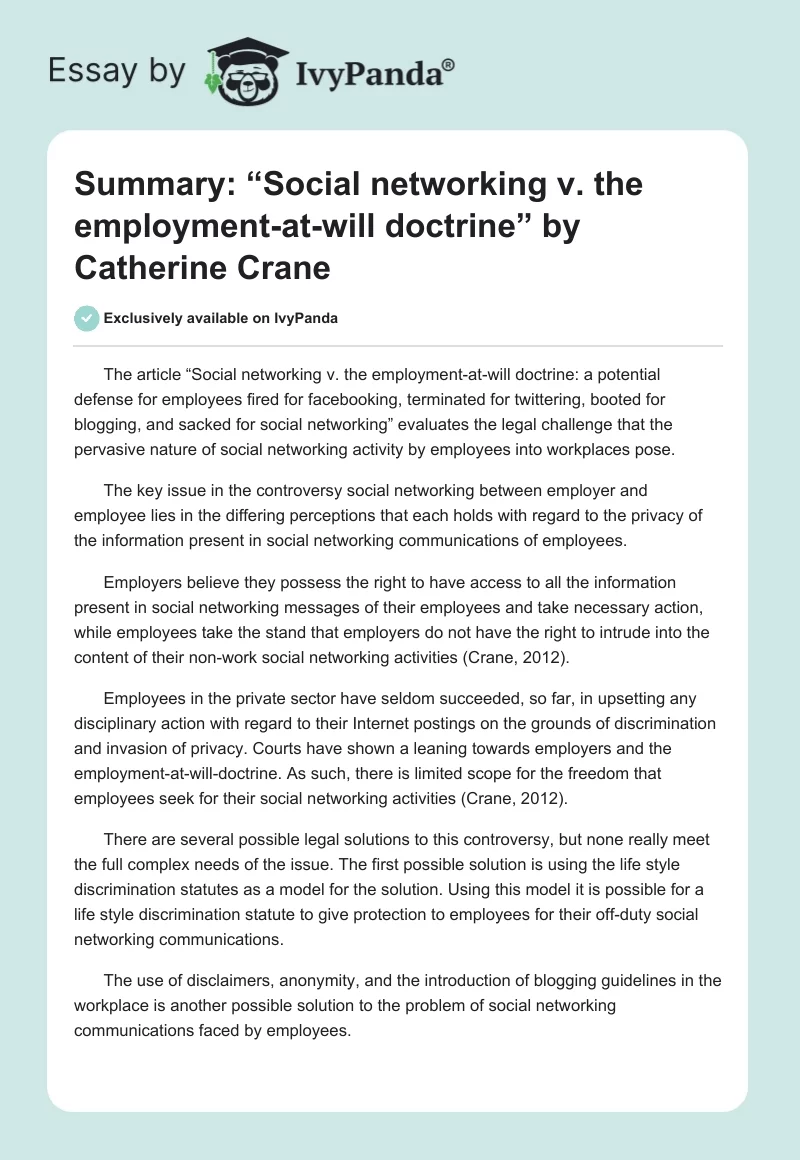 Summary: “Social networking v. the employment-at-will doctrine” by Catherine Crane. Page 1