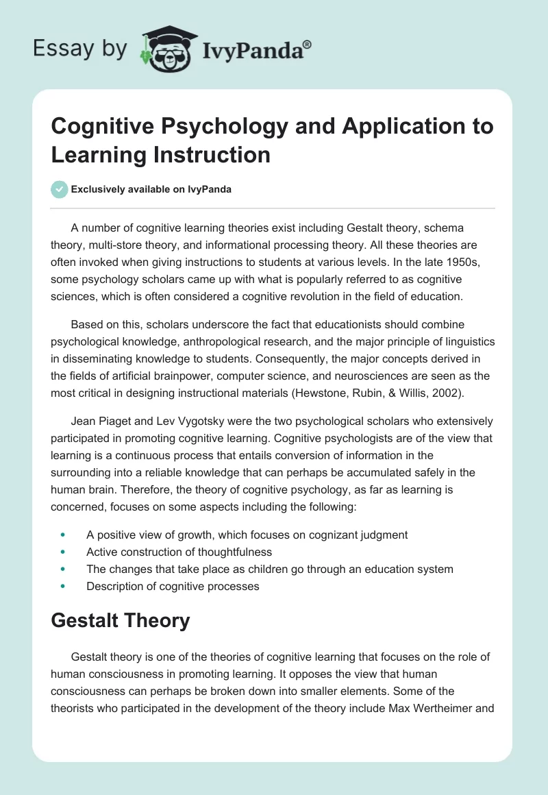 Cognitive Psychology and Application to Learning Instruction. Page 1