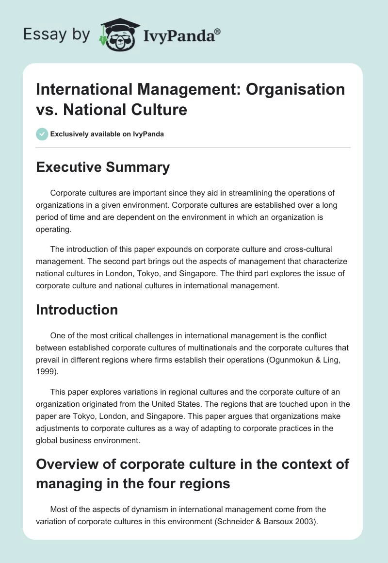 International Management: Organisation vs. National Culture. Page 1