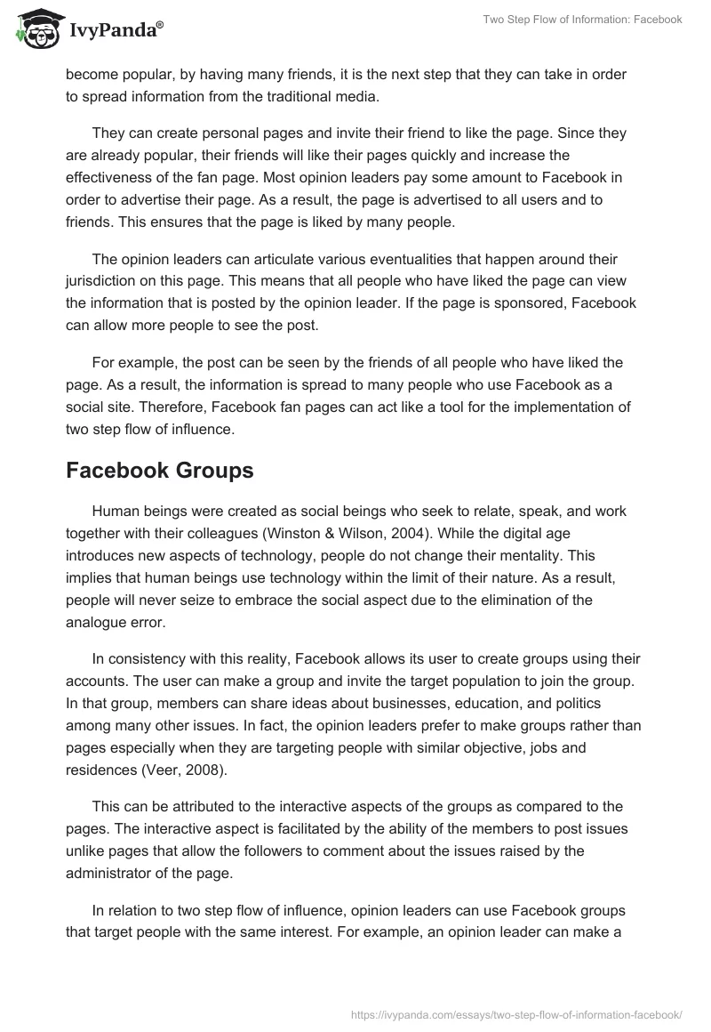 Two Step Flow of Information: Facebook. Page 4