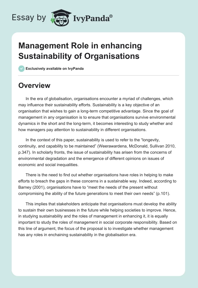 Management Role in enhancing Sustainability of Organisations. Page 1