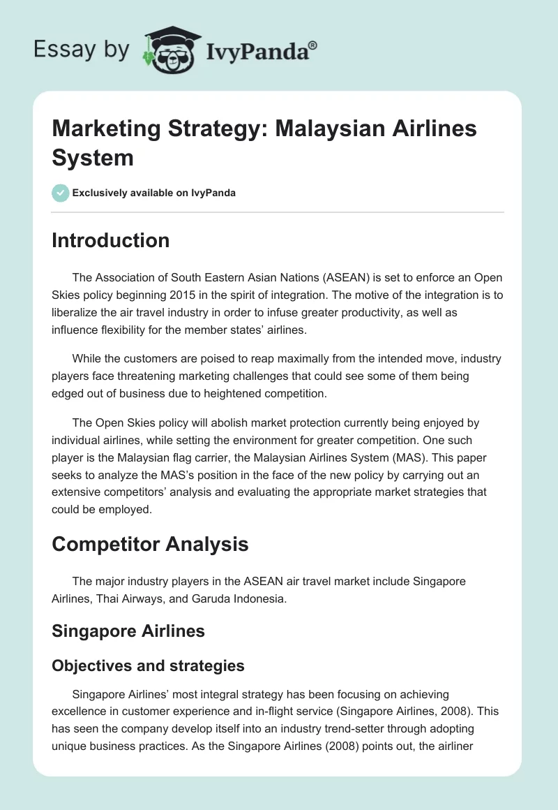 Marketing Strategy: Malaysian Airlines System. Page 1