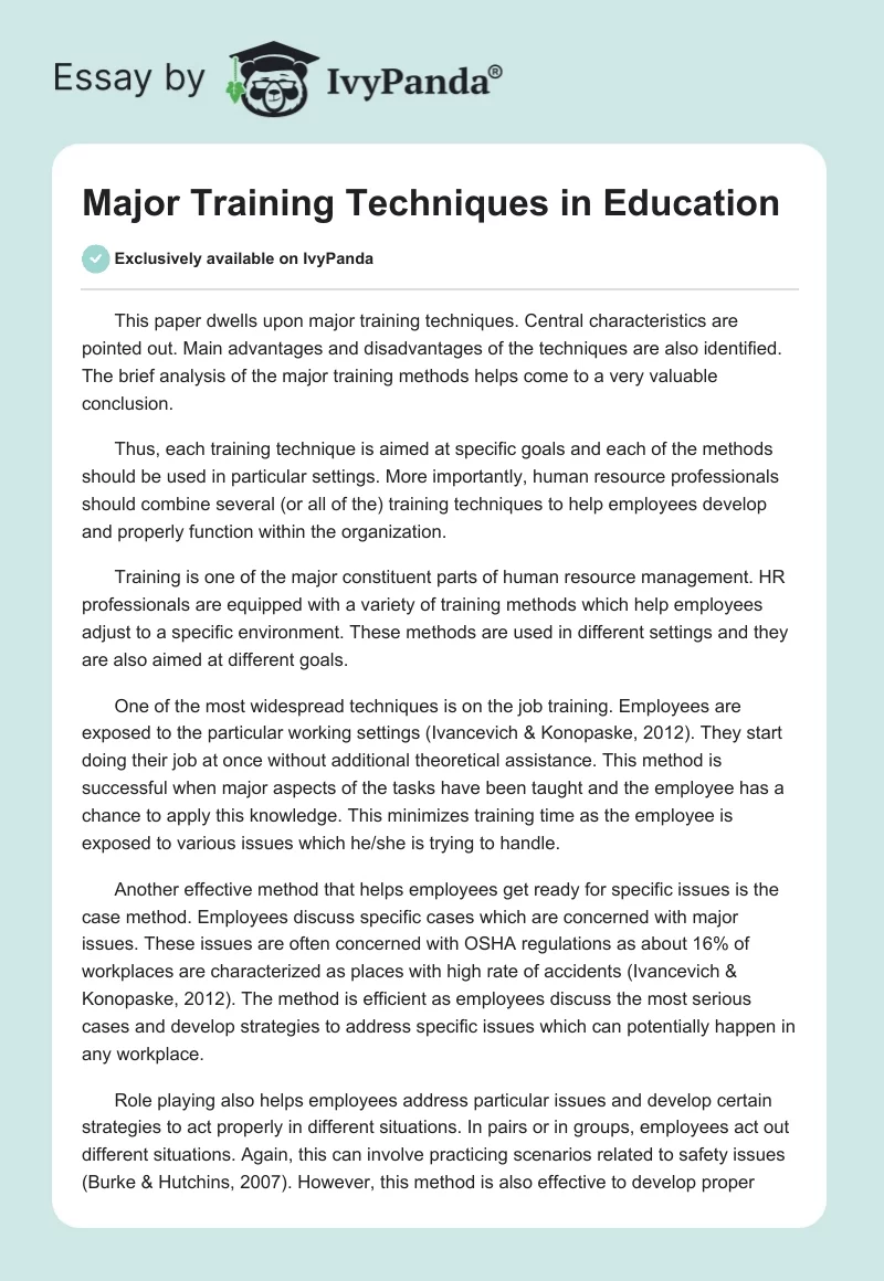 Major Training Techniques in Education. Page 1
