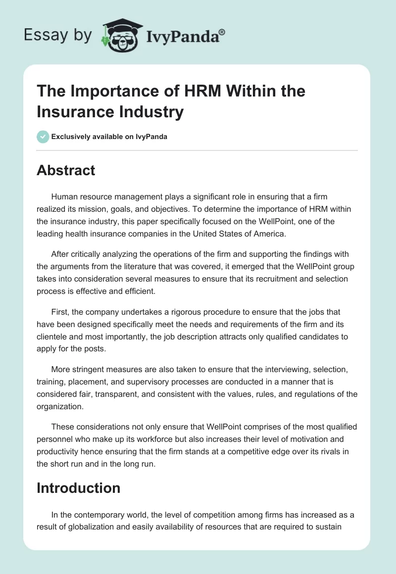 The Importance of HRM Within the Insurance Industry. Page 1