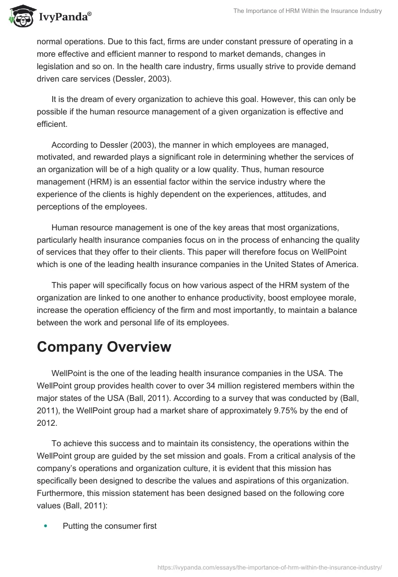 The Importance of HRM Within the Insurance Industry. Page 2
