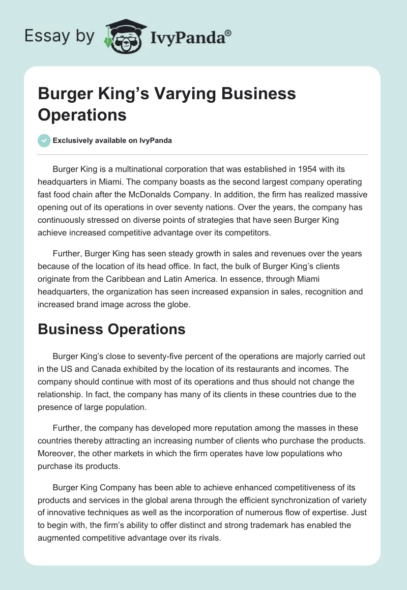Burger King’s Varying Business Operations. Page 1