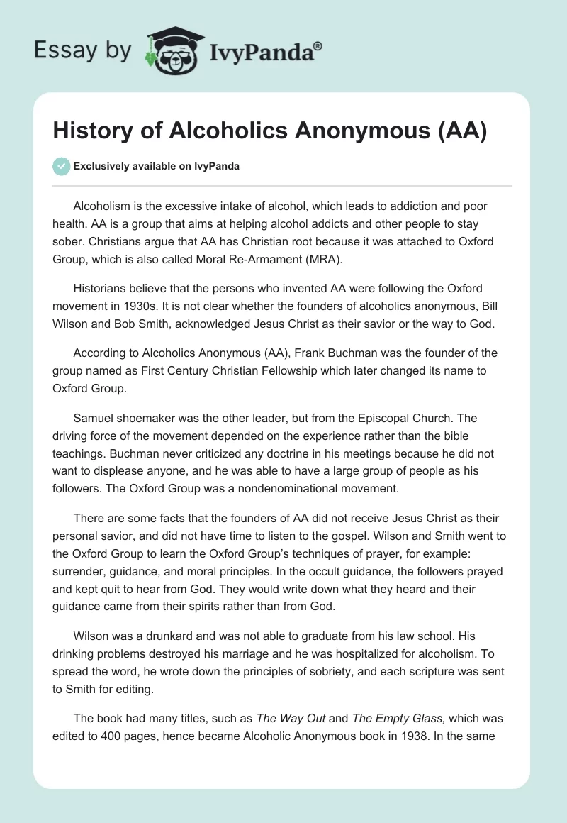 History of Alcoholics Anonymous (AA). Page 1