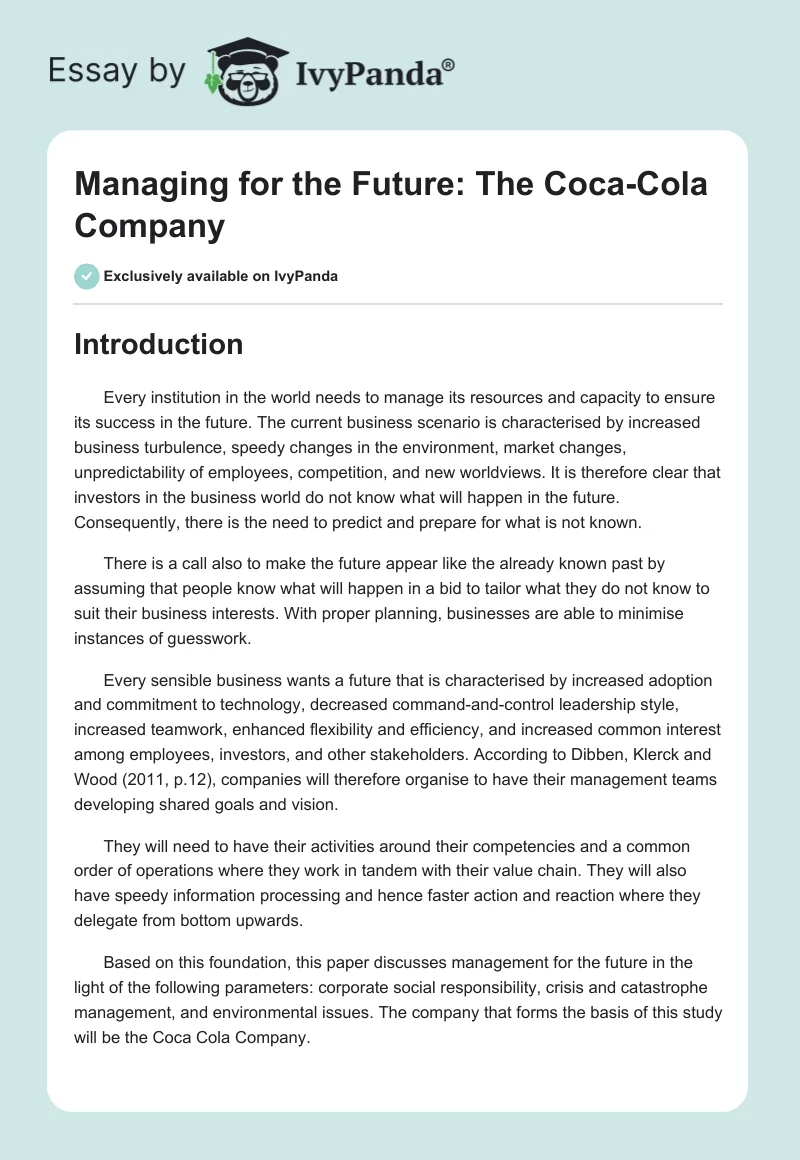 Managing for the Future: The Coca-Cola Company. Page 1