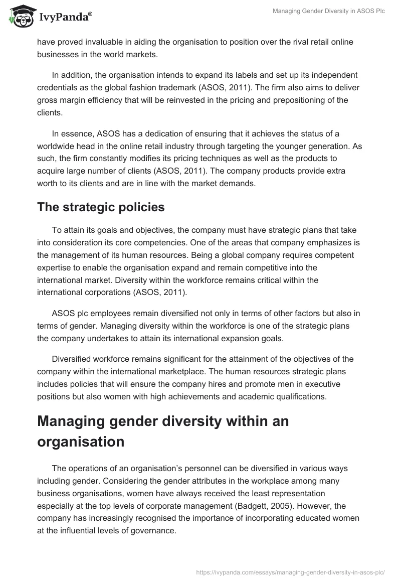 Managing Gender Diversity In Asos Plc 2502 Words Report Example