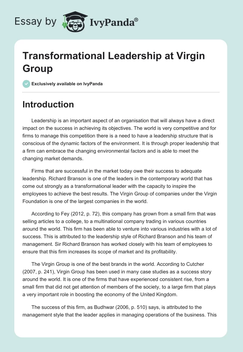 Transformational Leadership at Virgin Group. Page 1