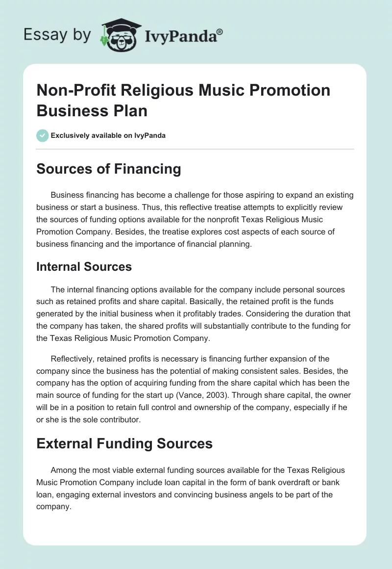 Non-Profit Religious Music Promotion Business Plan. Page 1