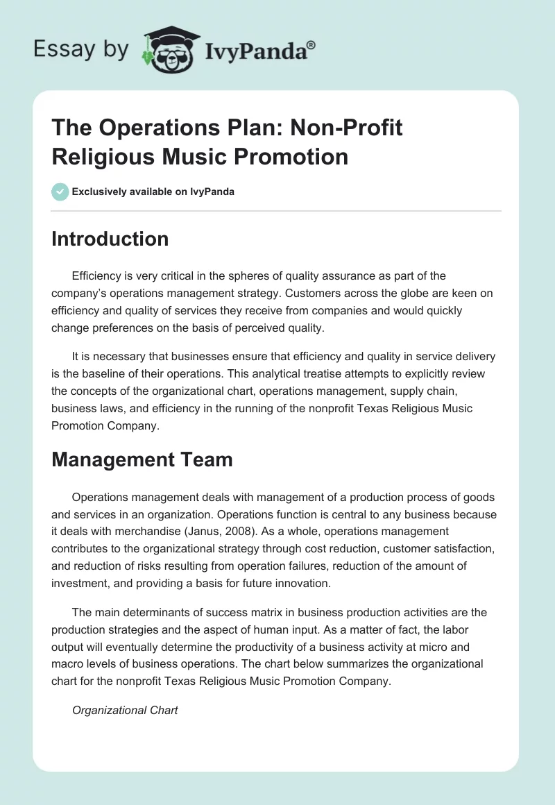 The Operations Plan: Non-Profit Religious Music Promotion. Page 1
