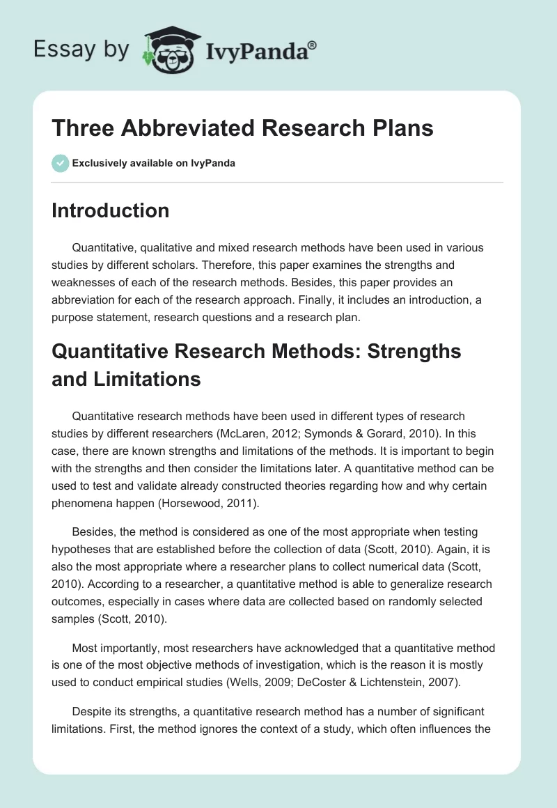 Three Abbreviated Research Plans. Page 1