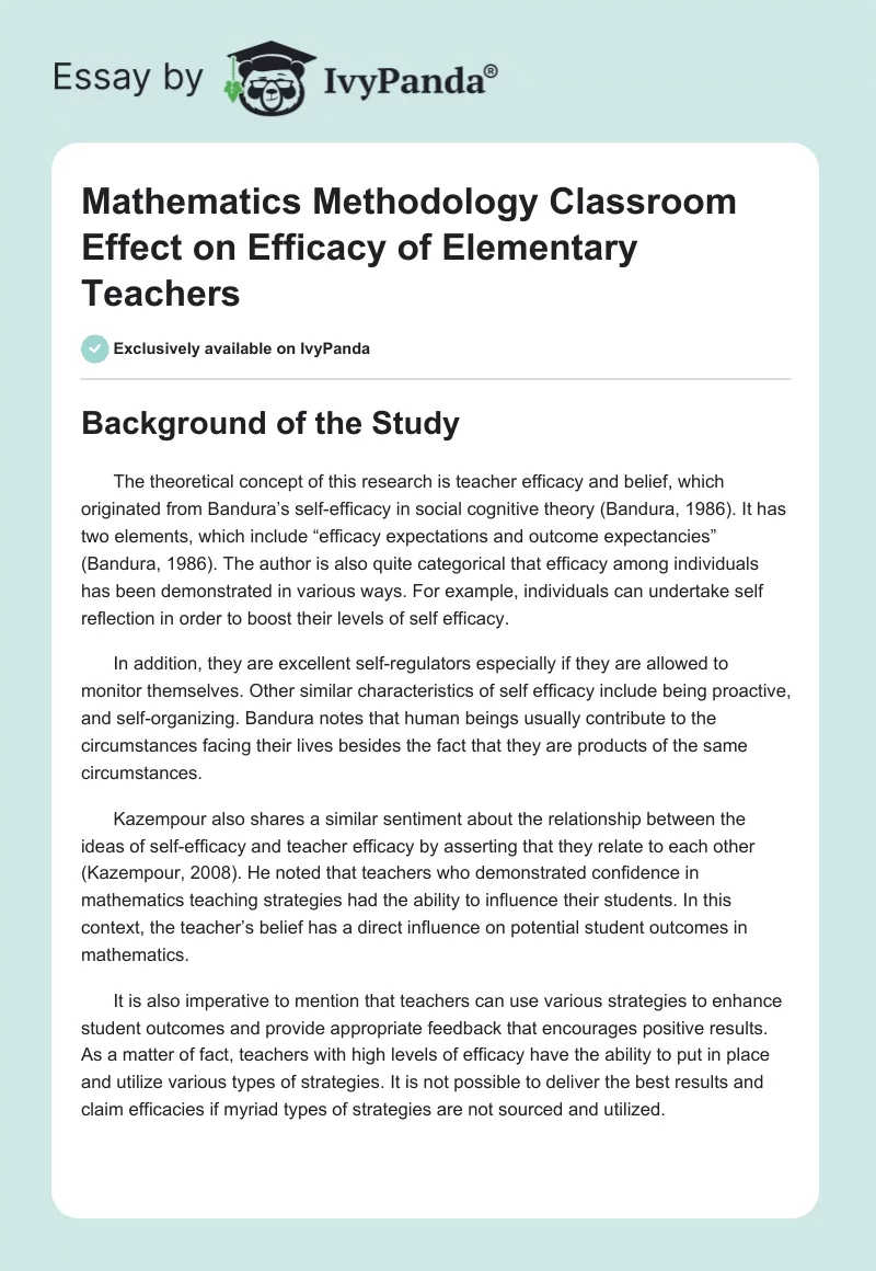 Mathematics Methodology Classroom Effect on Efficacy of Elementary Teachers. Page 1