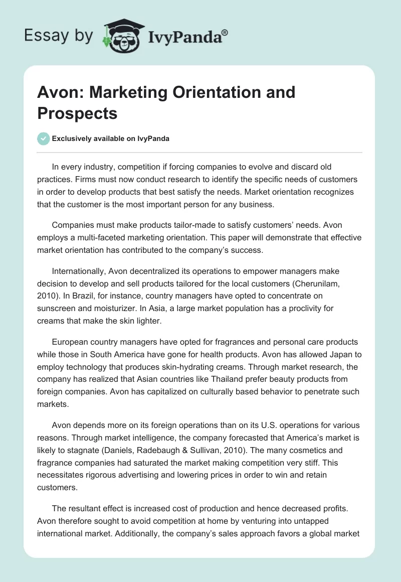 Avon: Marketing Orientation and Prospects. Page 1