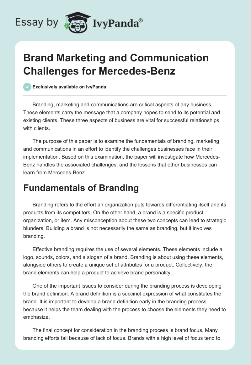 Brand Marketing and Communication Challenges for Mercedes-Benz. Page 1