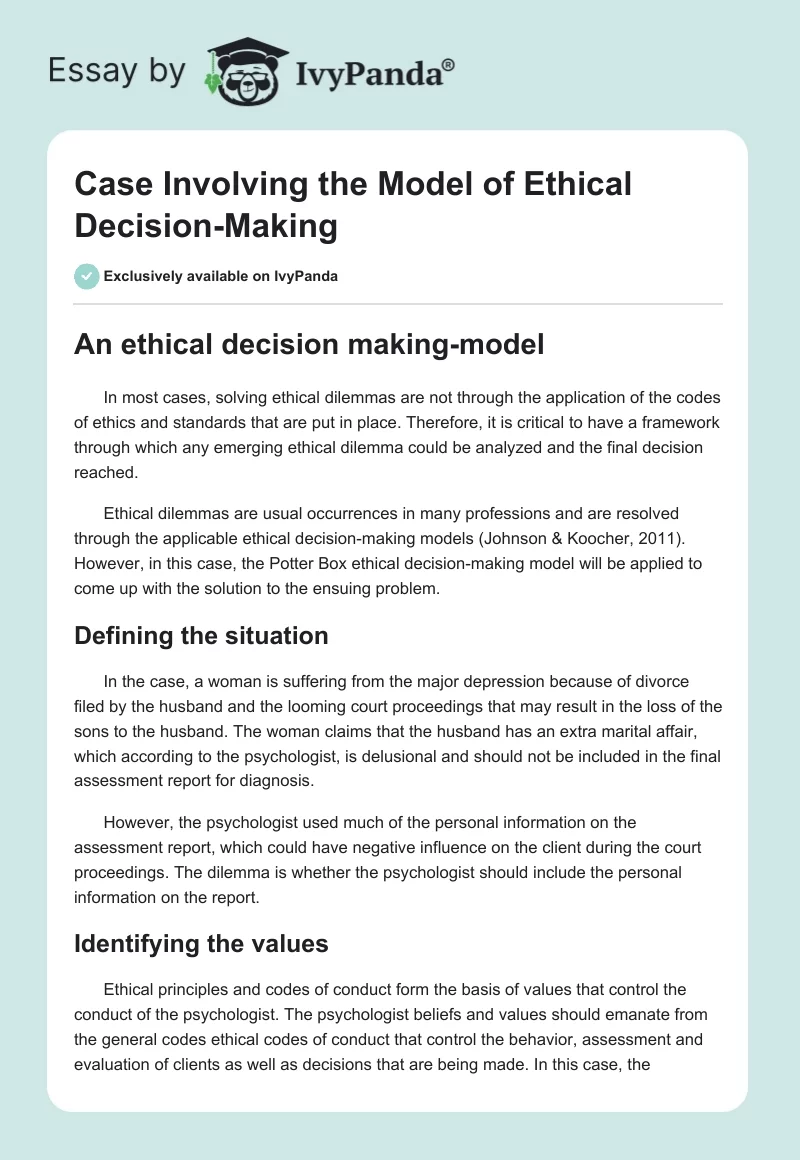 Case Involving the Model of Ethical Decision-Making. Page 1