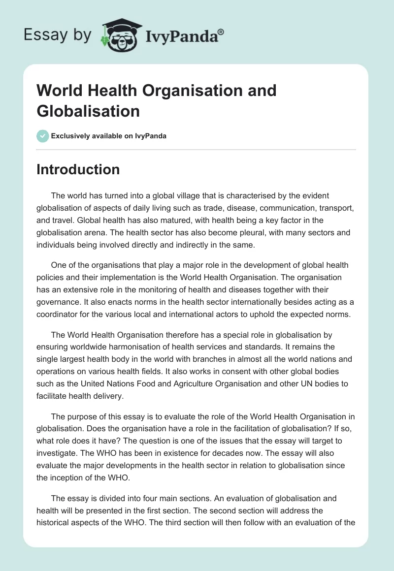 World Health Organisation and Globalisation. Page 1