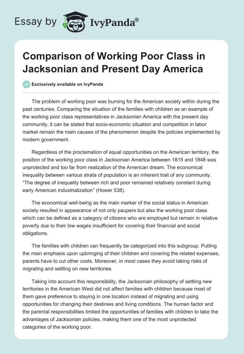 Comparison of Working Poor Class in Jacksonian and Present Day America. Page 1