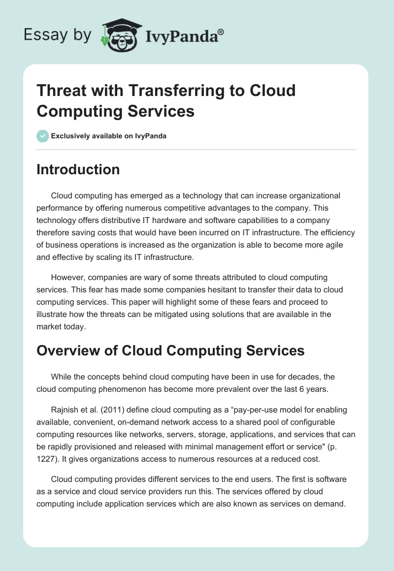 Threat with Transferring to Cloud Computing Services. Page 1