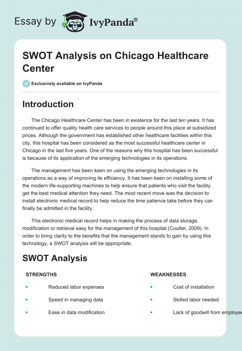 SWOT Analysis on Chicago Healthcare Center. Page 1