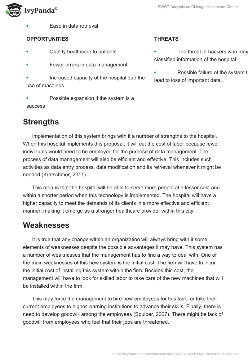 SWOT Analysis on Chicago Healthcare Center. Page 2