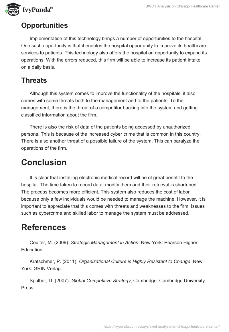 SWOT Analysis on Chicago Healthcare Center. Page 3