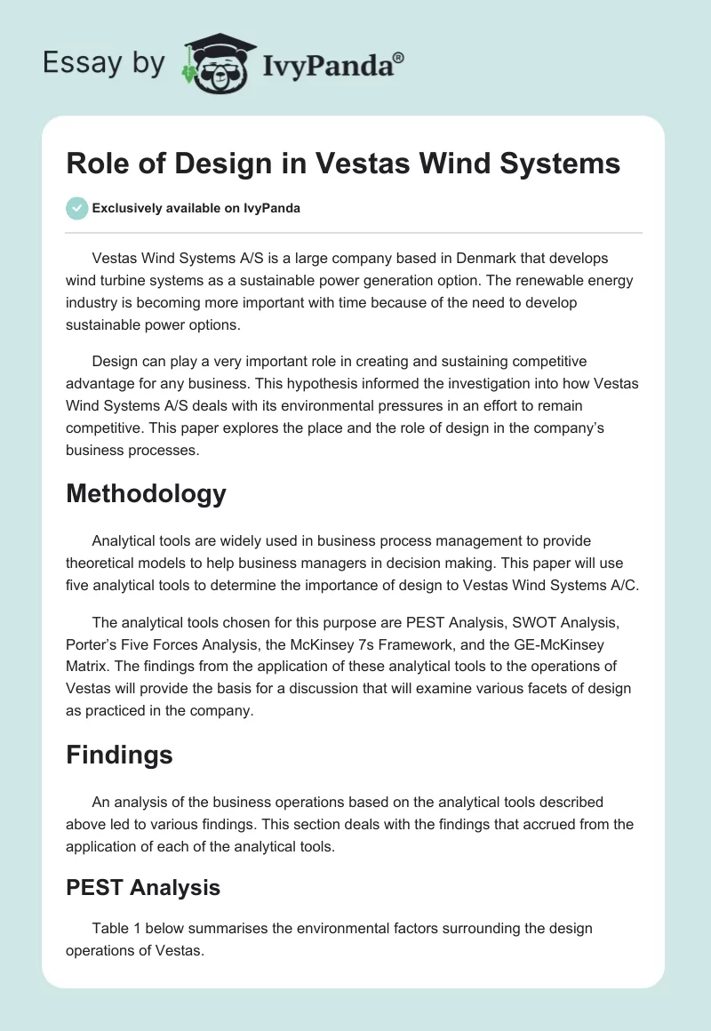 Role of Design in Vestas Wind Systems. Page 1