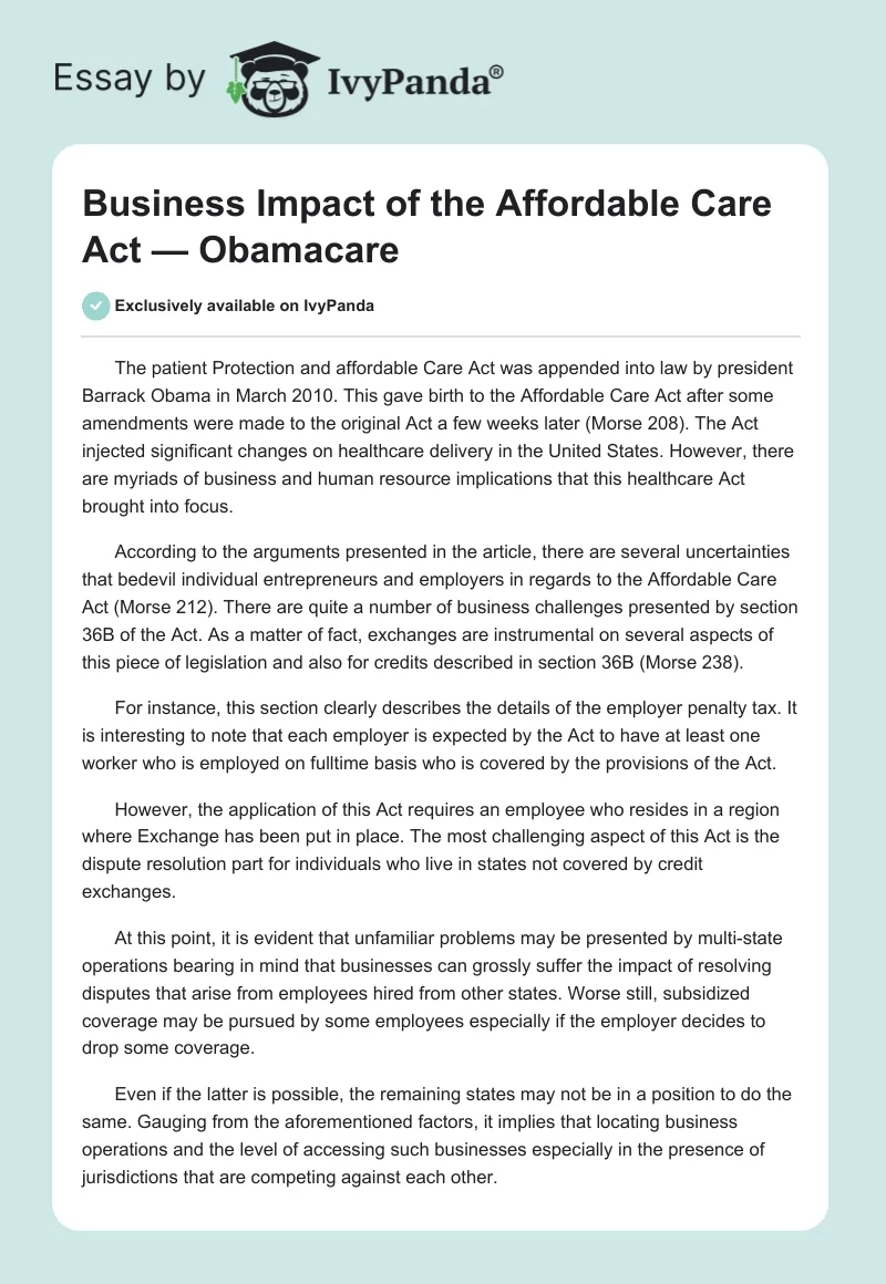 Business Impact of the Affordable Care Act — Obamacare. Page 1