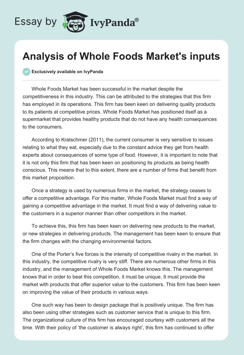 Analysis of Whole Foods Market's inputs. Page 1