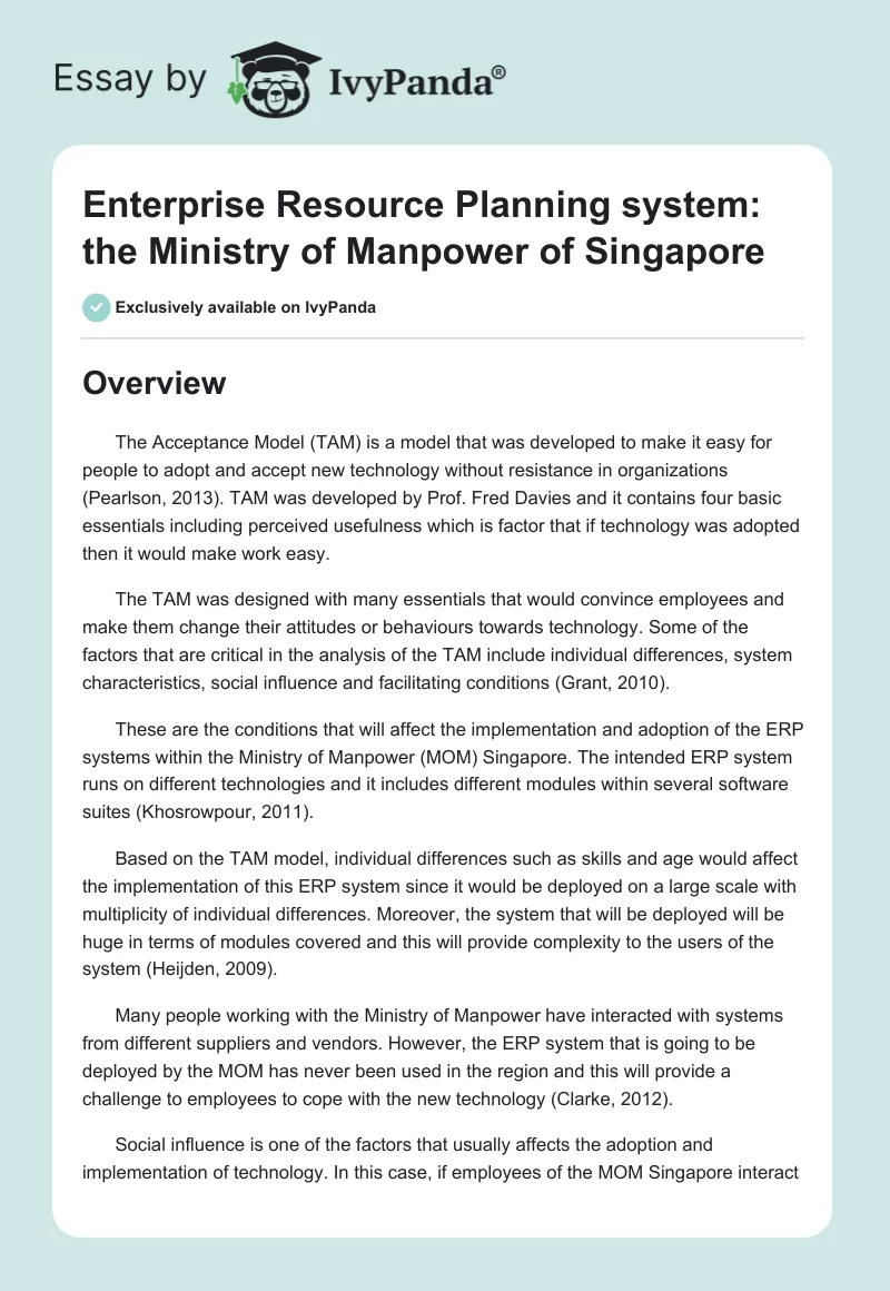 Enterprise Resource Planning system: the Ministry of Manpower of Singapore. Page 1